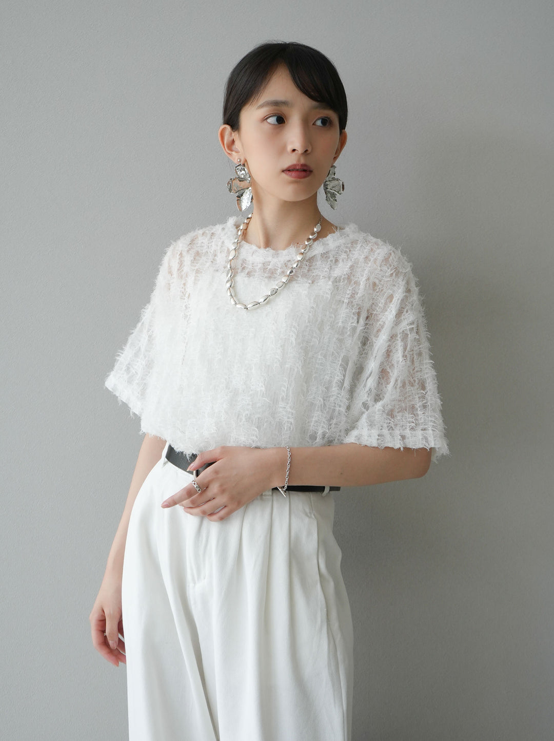 [Pre-order] Fringe Tulle 5/4 Sleeve Over Top/Off-White