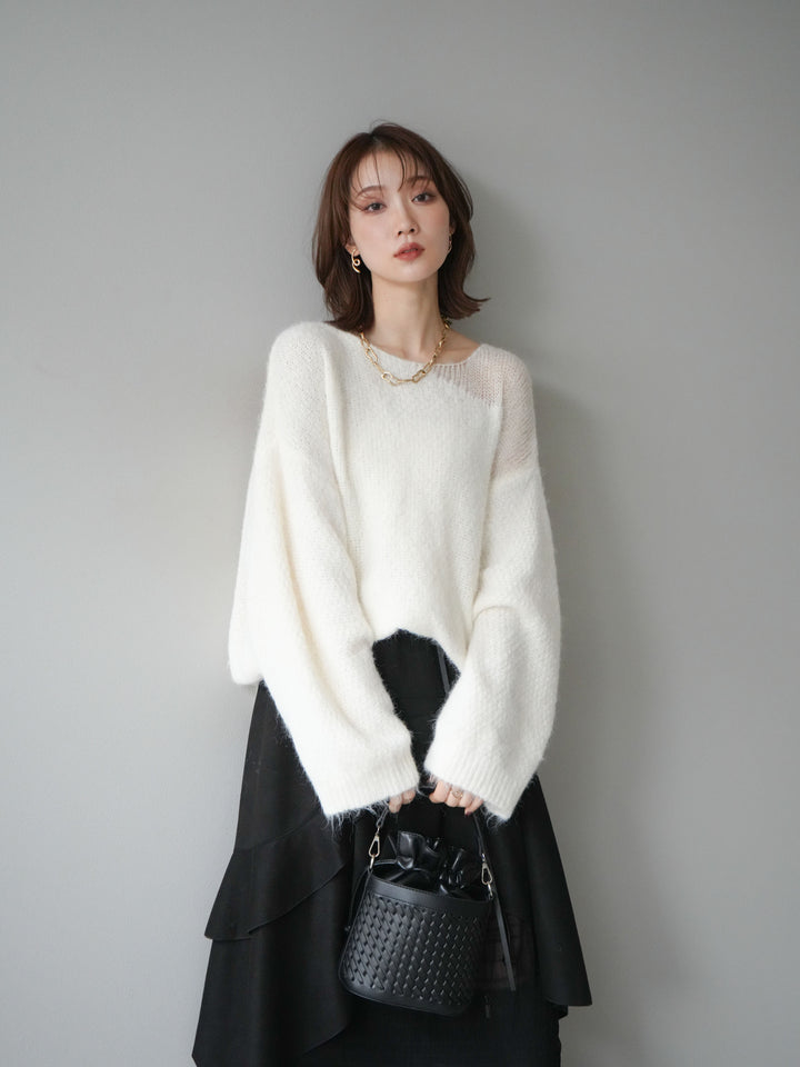 [予約]ネック透かし編みニットプルオーバー/ホワイト