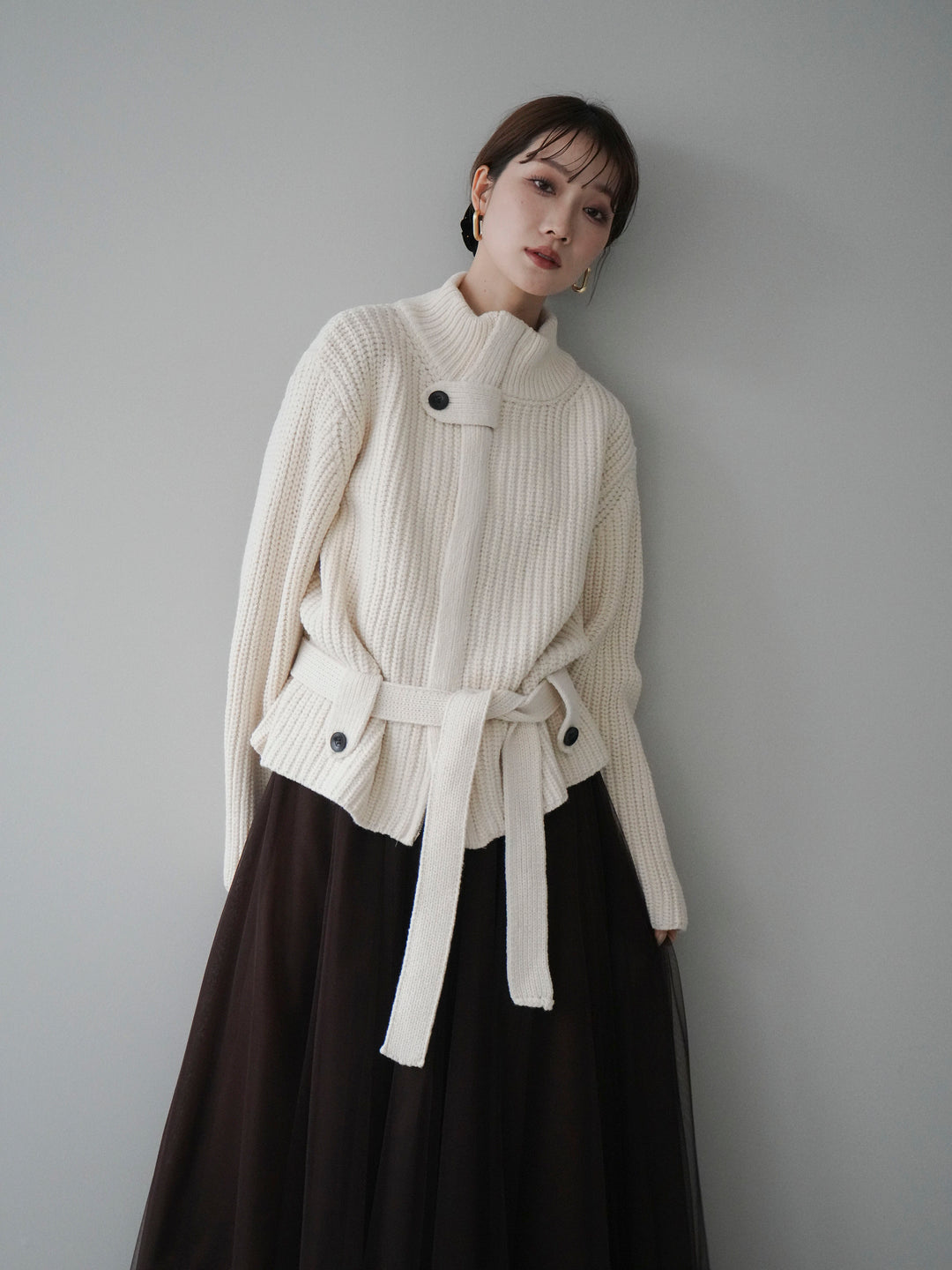 [予約]畦編みボトルネックZIPニットカーディガン/white
