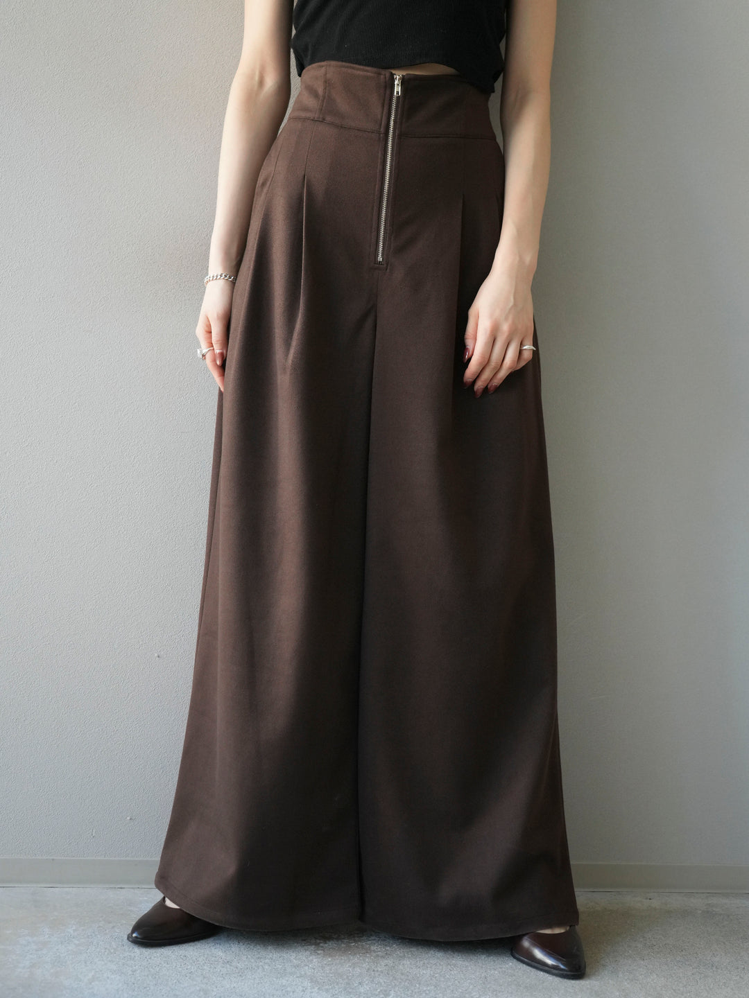 [予約]ウールタッチフロントジップパンツ/brown