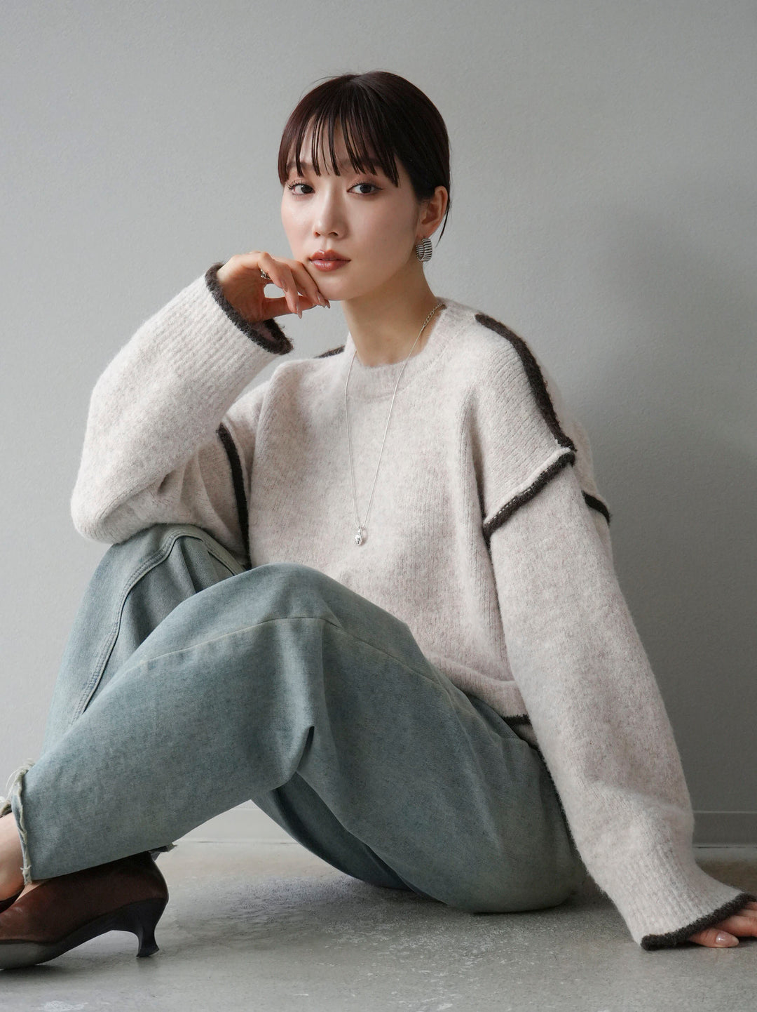 [預訂] 色彩協調針織套頭衫/象牙色