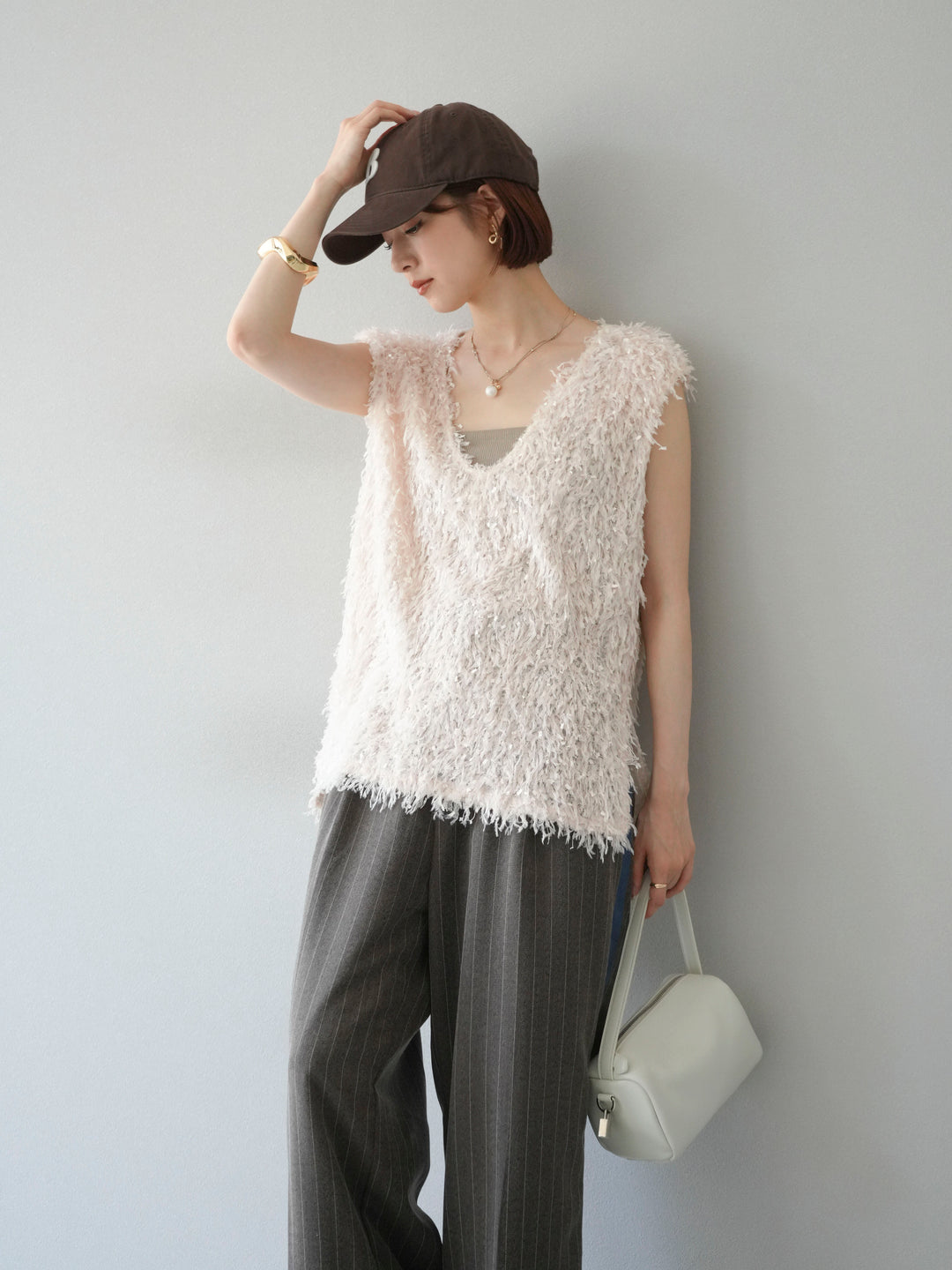 【預訂】流蘇V領背心/象牙色