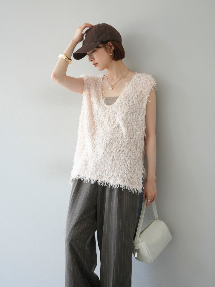 【預訂】流蘇V領背心/象牙色
