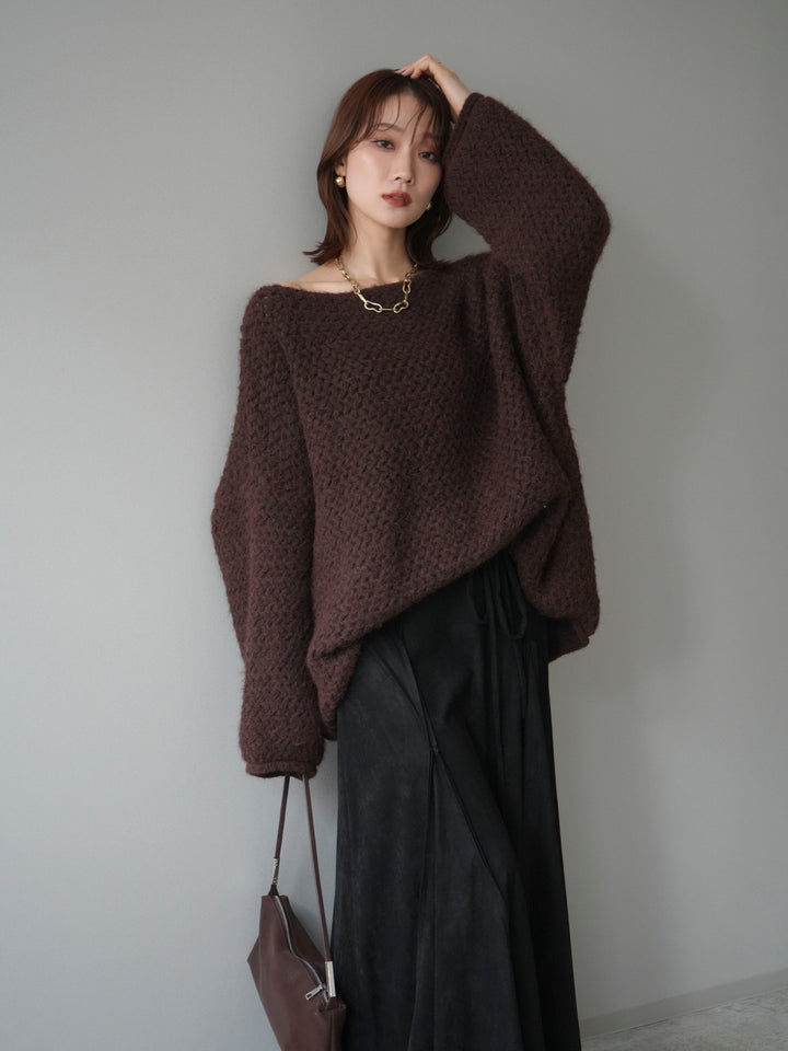 [予約]ワッフル編みオーバーニットプルオーバー/brown
