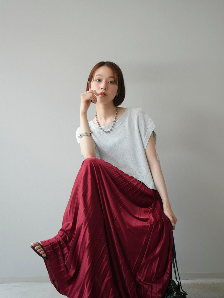 [SET]ネップヤーンクロップドニットベスト+サテンプリーツマキシスカート(2set)