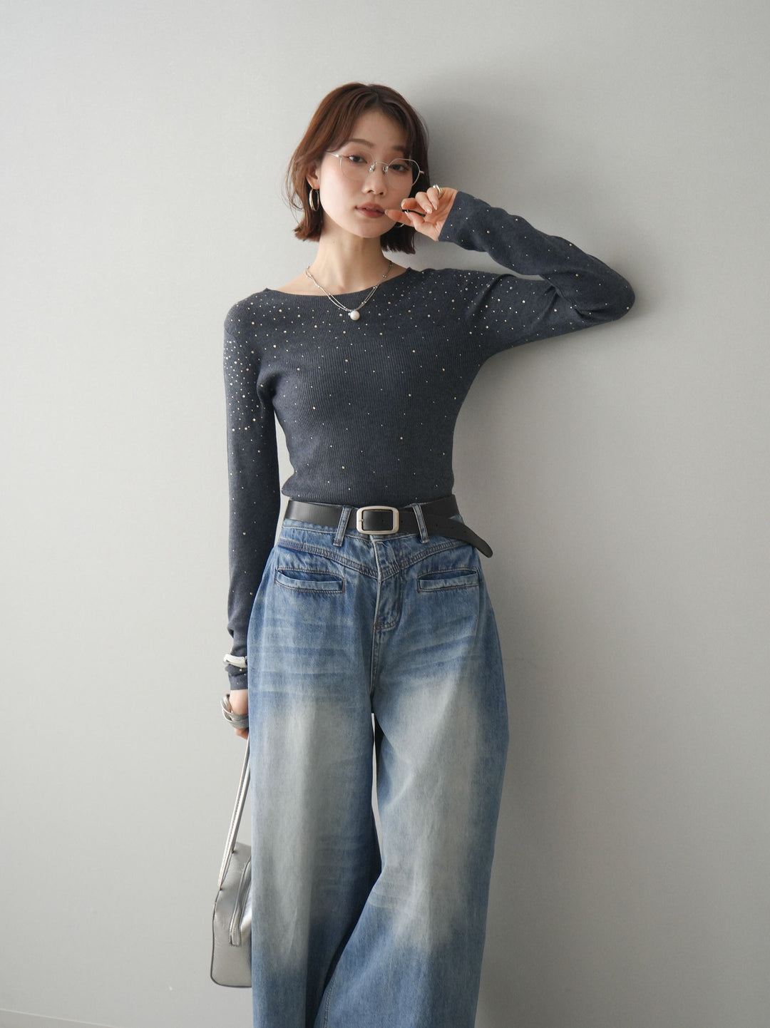 [SET]スパンコールシアーニットトップス+選べるアクセセット(2set)