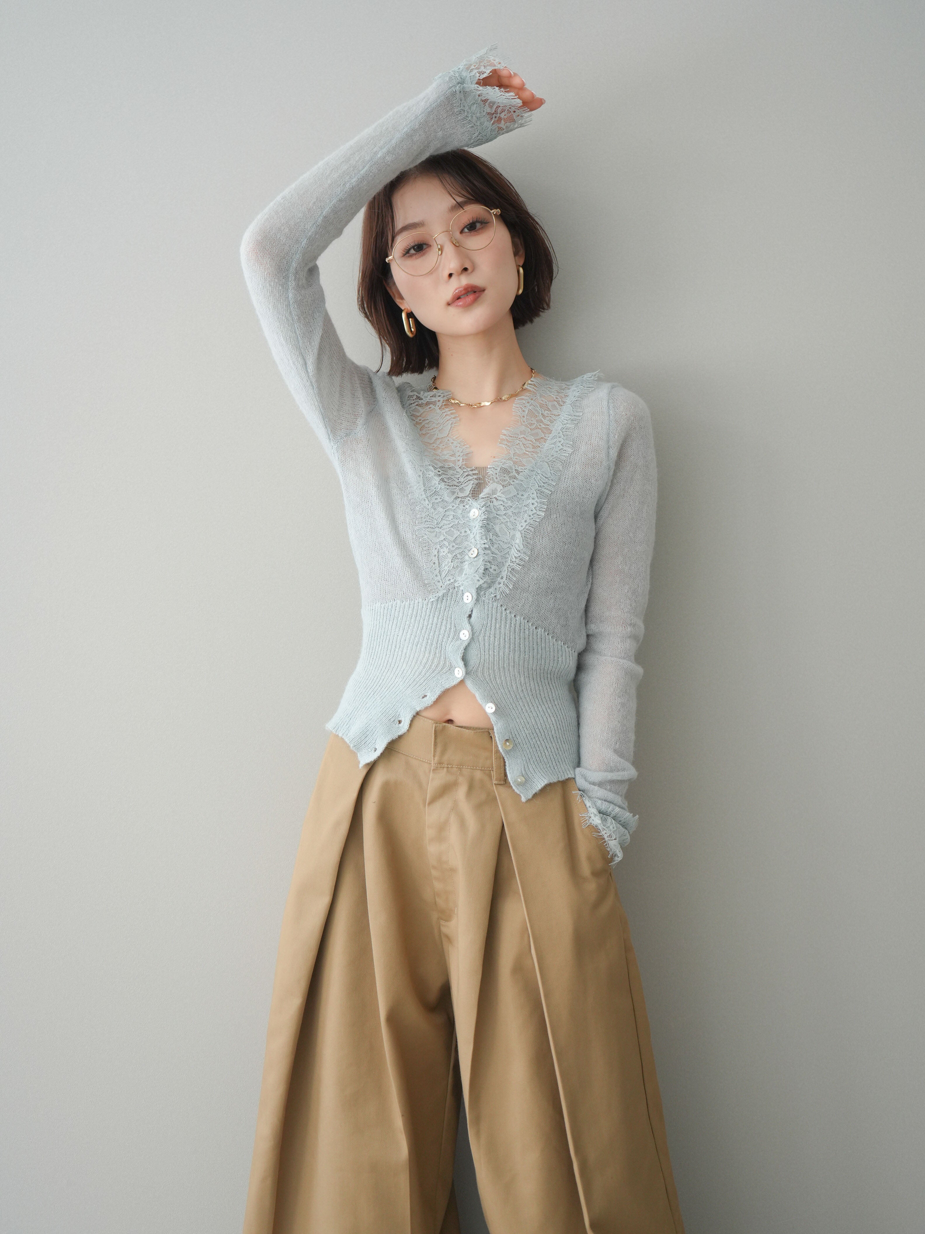 予約]モヘアタッチレースニットカーディガン/sax – Lumier