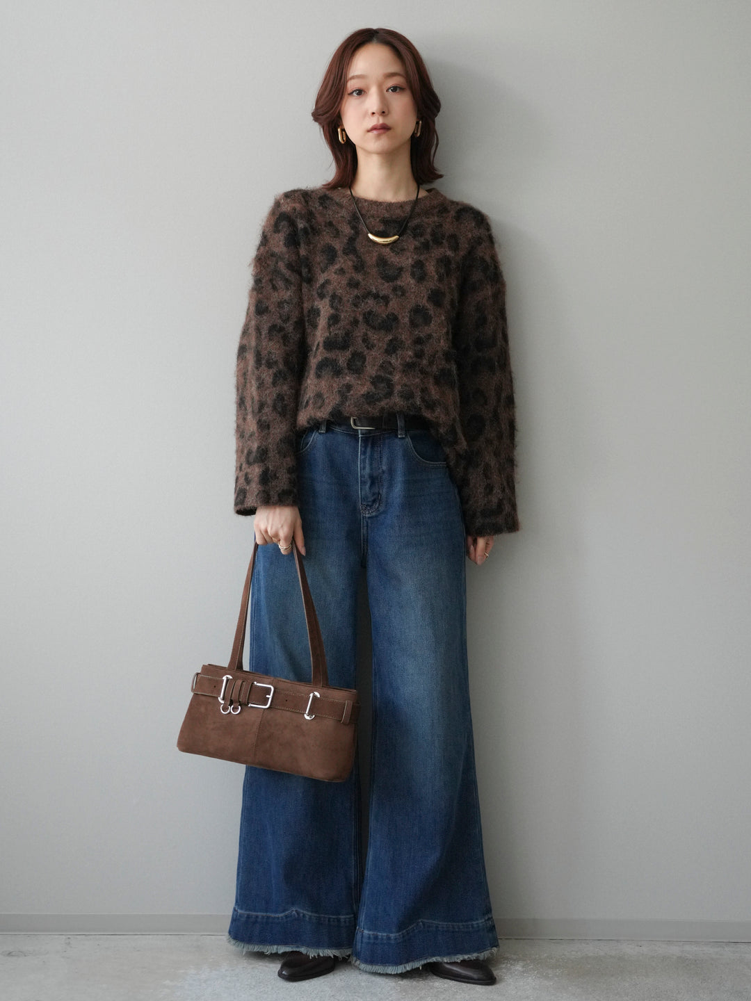 [SET]レオパードシャギーニットプルオーバー+裏起毛裾フリンジワイドデニムパンツ(2set)