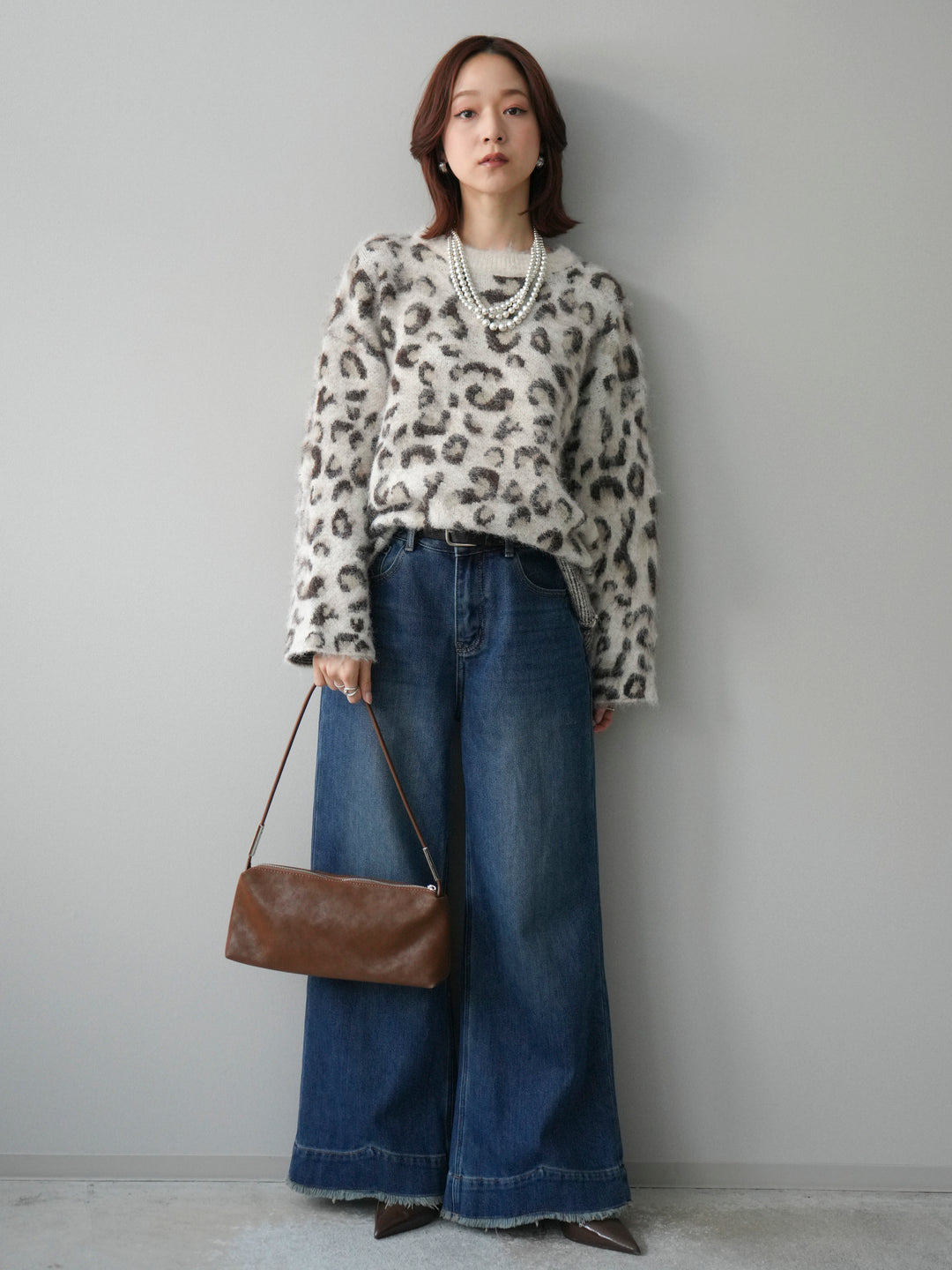 [SET]レオパードシャギーニットプルオーバー+裏起毛裾フリンジワイドデニムパンツ(2set)