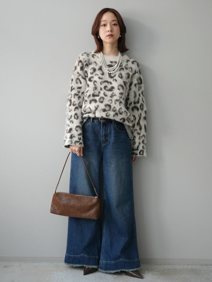 [SET]レオパードシャギーニットプルオーバー+裏起毛裾フリンジワイドデニムパンツ(2set)