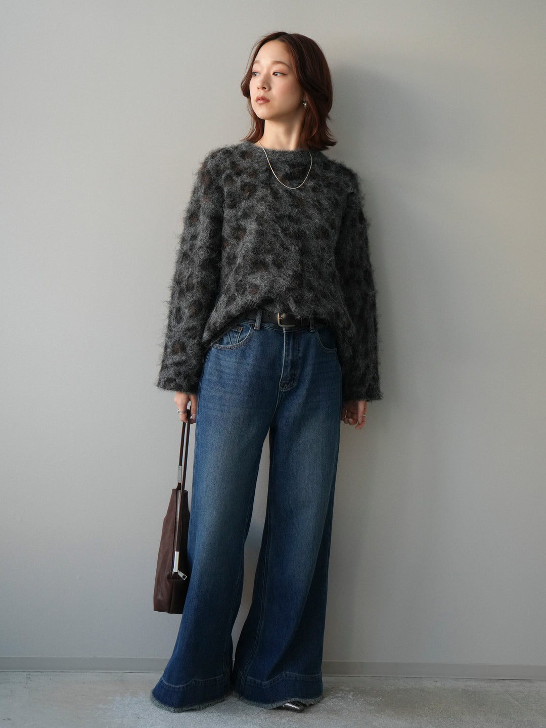 [SET]レオパードシャギーニットプルオーバー+裏起毛裾フリンジワイドデニムパンツ(2set)
