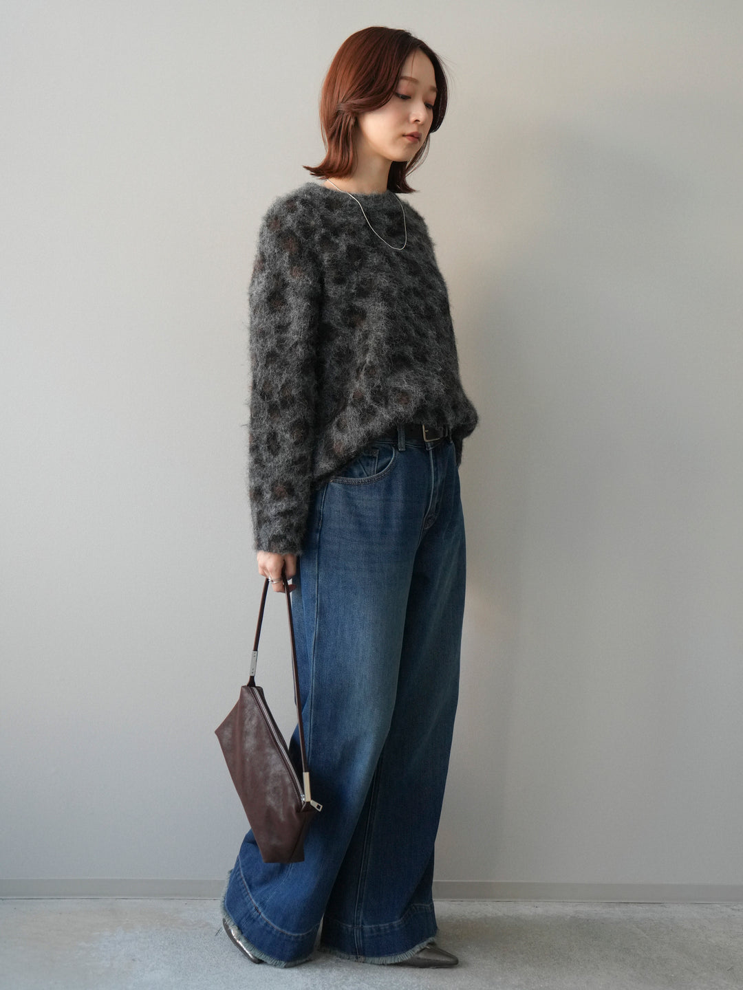 [SET]レオパードシャギーニットプルオーバー+裏起毛裾フリンジワイドデニムパンツ(2set)