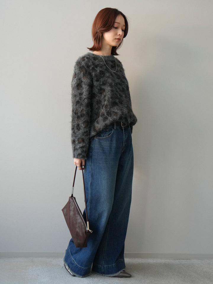 [SET]レオパードシャギーニットプルオーバー+裏起毛裾フリンジワイドデニムパンツ(2set)