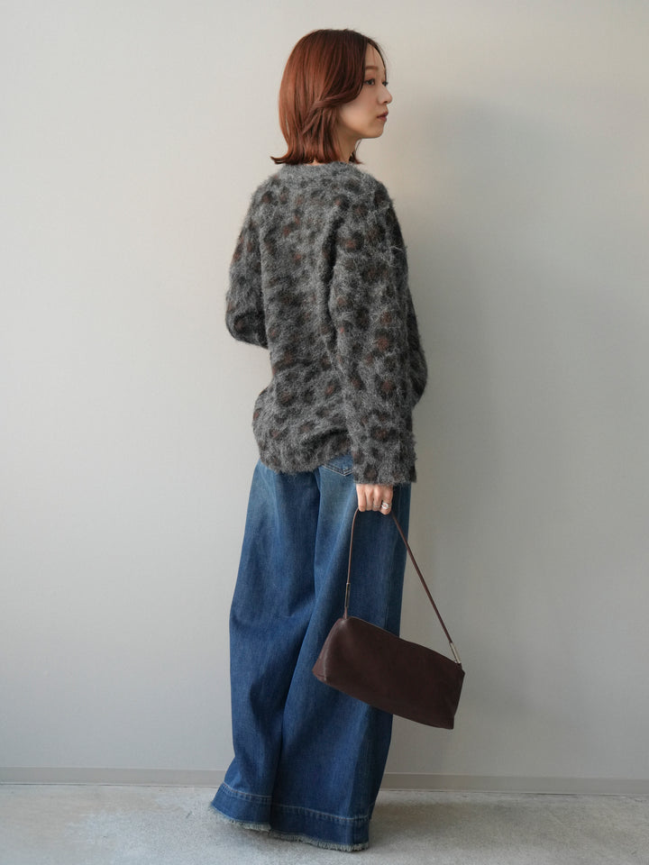 [SET]レオパードシャギーニットプルオーバー+裏起毛裾フリンジワイドデニムパンツ(2set)