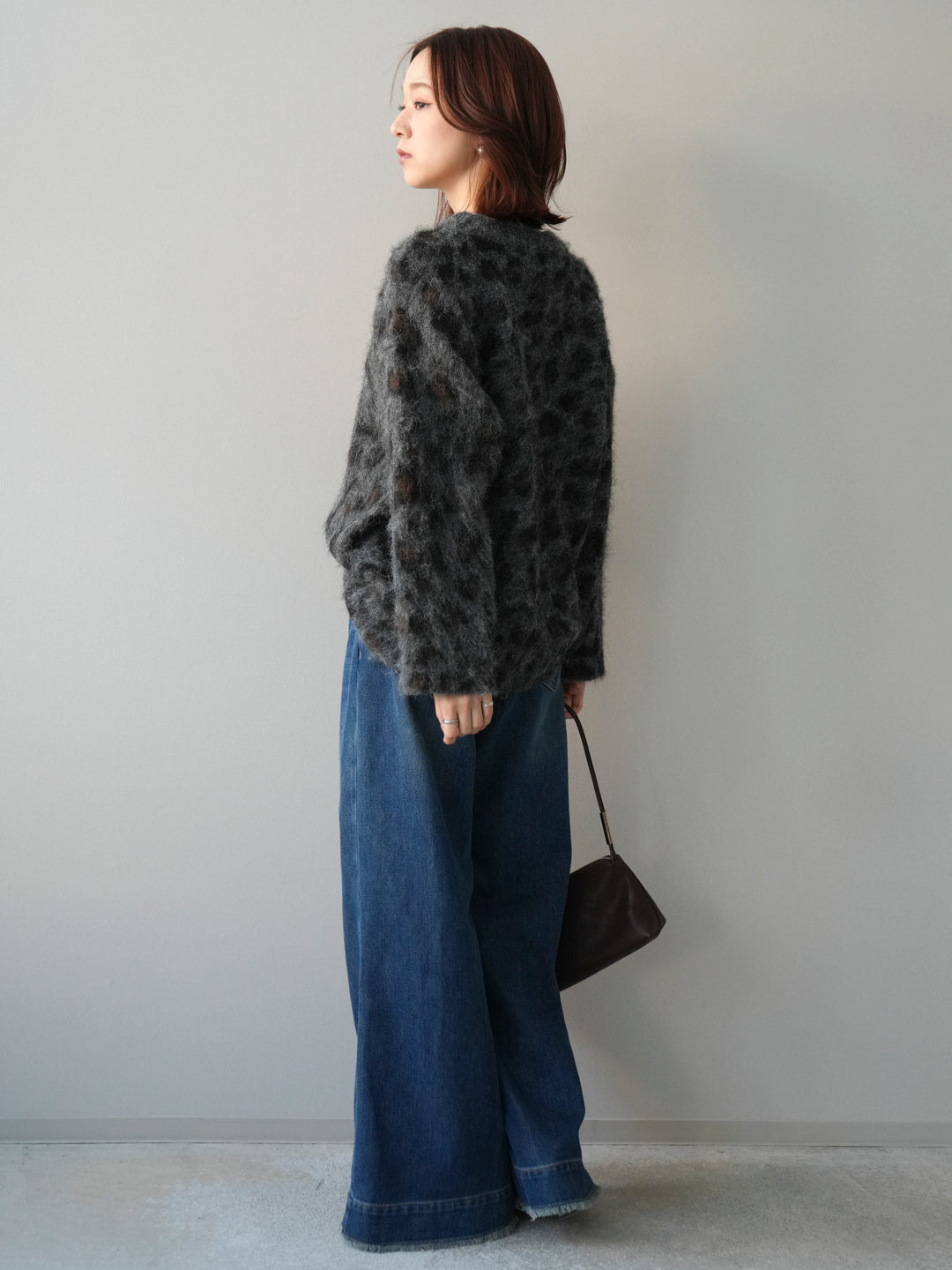 [SET]レオパードシャギーニットプルオーバー+裏起毛裾フリンジワイドデニムパンツ(2set)