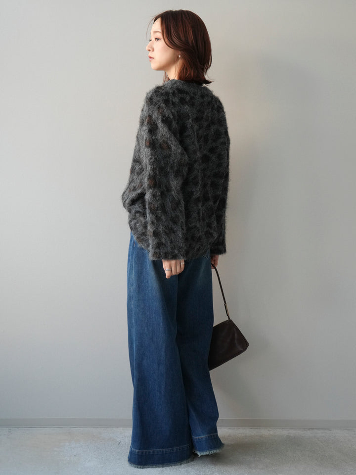 [SET]レオパードシャギーニットプルオーバー+裏起毛裾フリンジワイドデニムパンツ(2set)