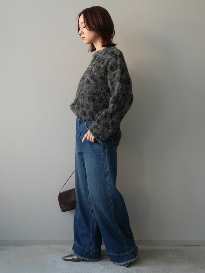 [SET]レオパードシャギーニットプルオーバー+裏起毛裾フリンジワイドデニムパンツ(2set)