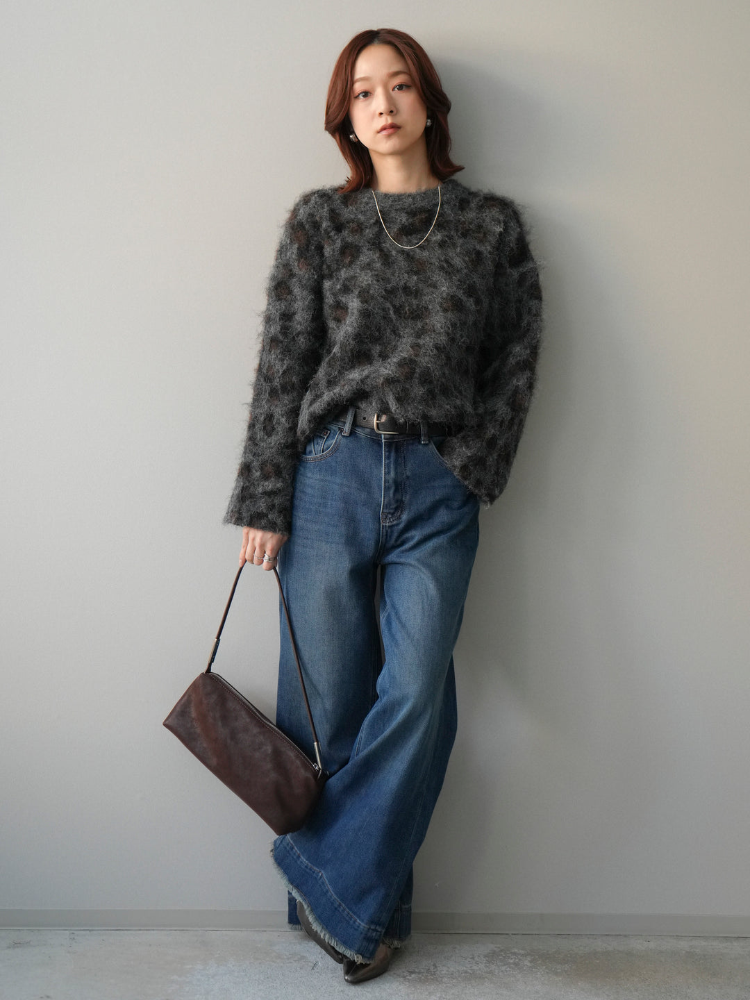 [SET]レオパードシャギーニットプルオーバー+裏起毛裾フリンジワイドデニムパンツ(2set)