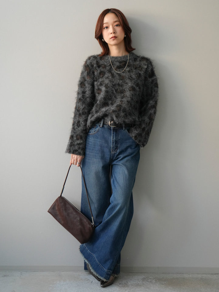 [SET]レオパードシャギーニットプルオーバー+裏起毛裾フリンジワイドデニムパンツ(2set)