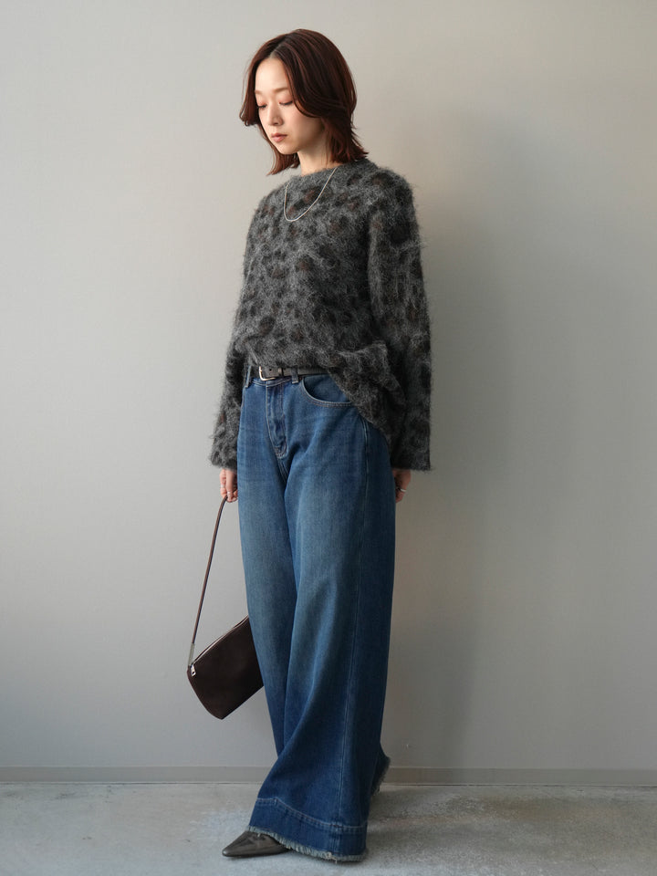 [SET]レオパードシャギーニットプルオーバー+裏起毛裾フリンジワイドデニムパンツ(2set)
