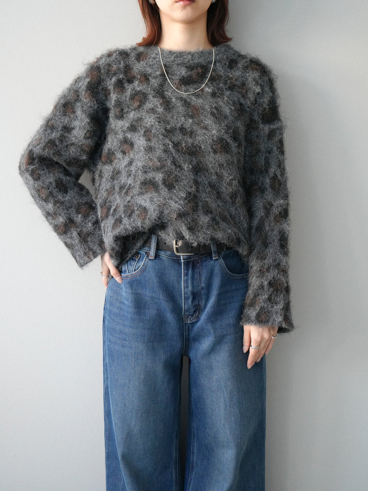 [SET]レオパードシャギーニットプルオーバー+裏起毛裾フリンジワイドデニムパンツ(2set)