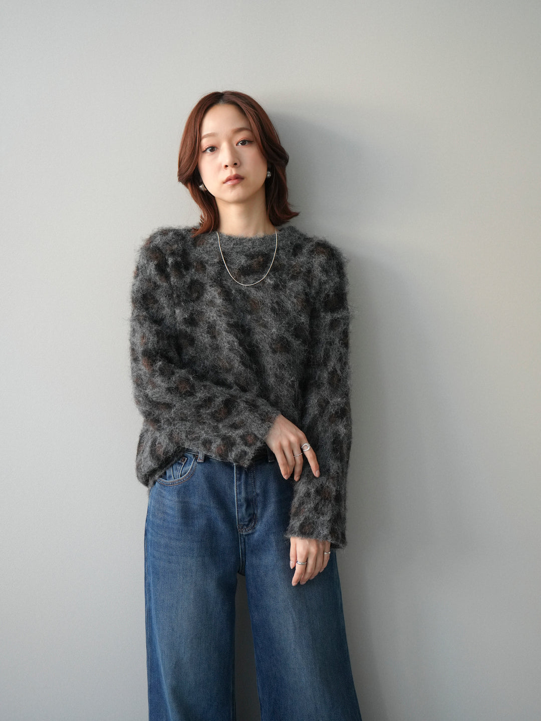 [SET]レオパードシャギーニットプルオーバー+裏起毛裾フリンジワイドデニムパンツ(2set)