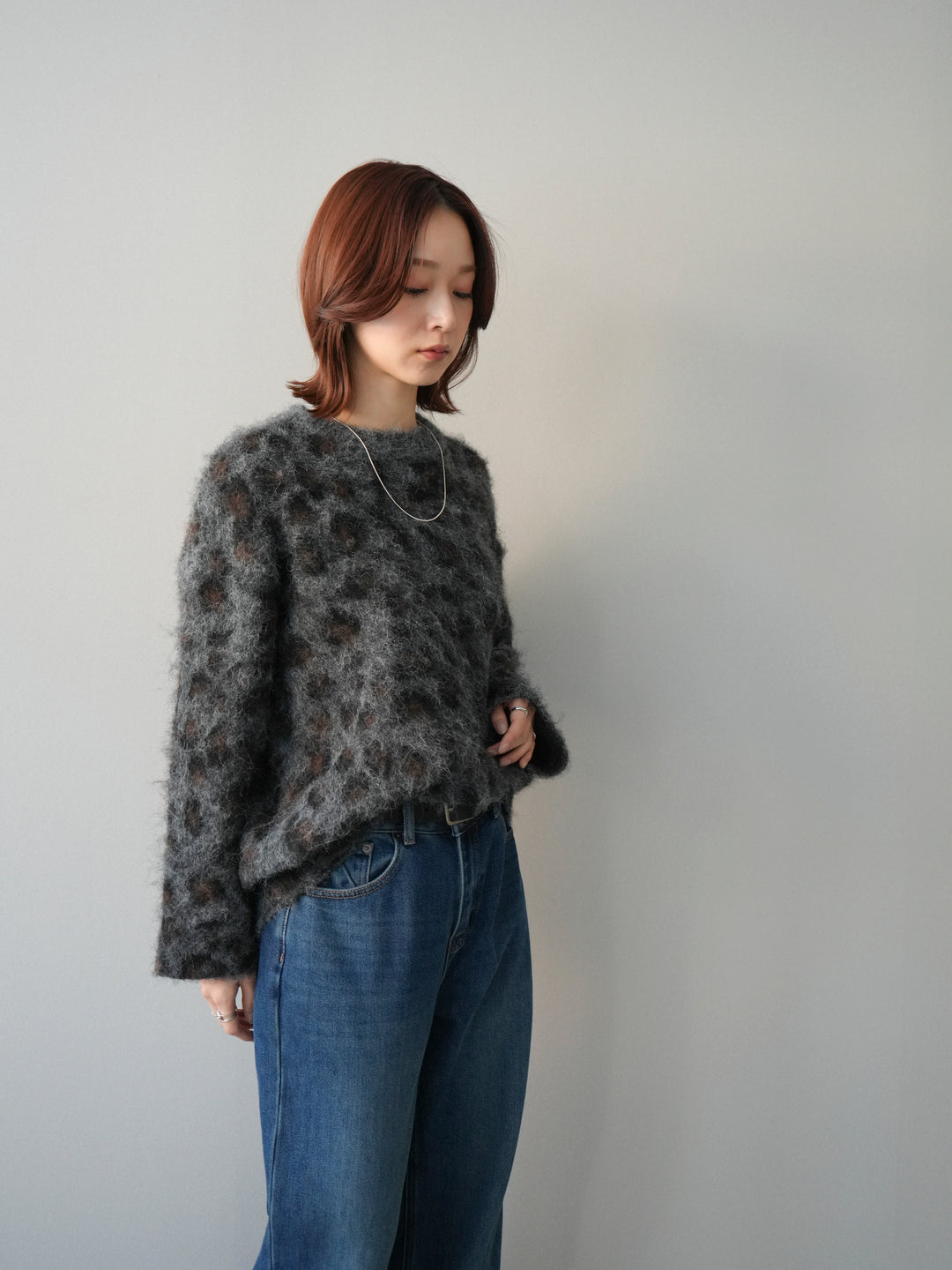 [SET]レオパードシャギーニットプルオーバー+裏起毛裾フリンジワイドデニムパンツ(2set)