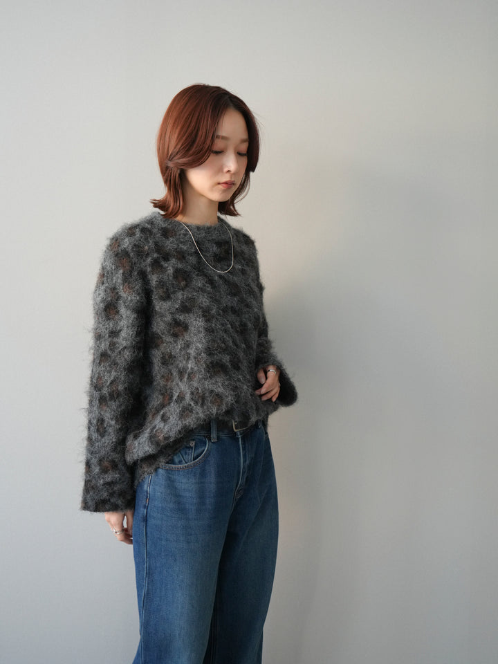 [SET]レオパードシャギーニットプルオーバー+裏起毛裾フリンジワイドデニムパンツ(2set)