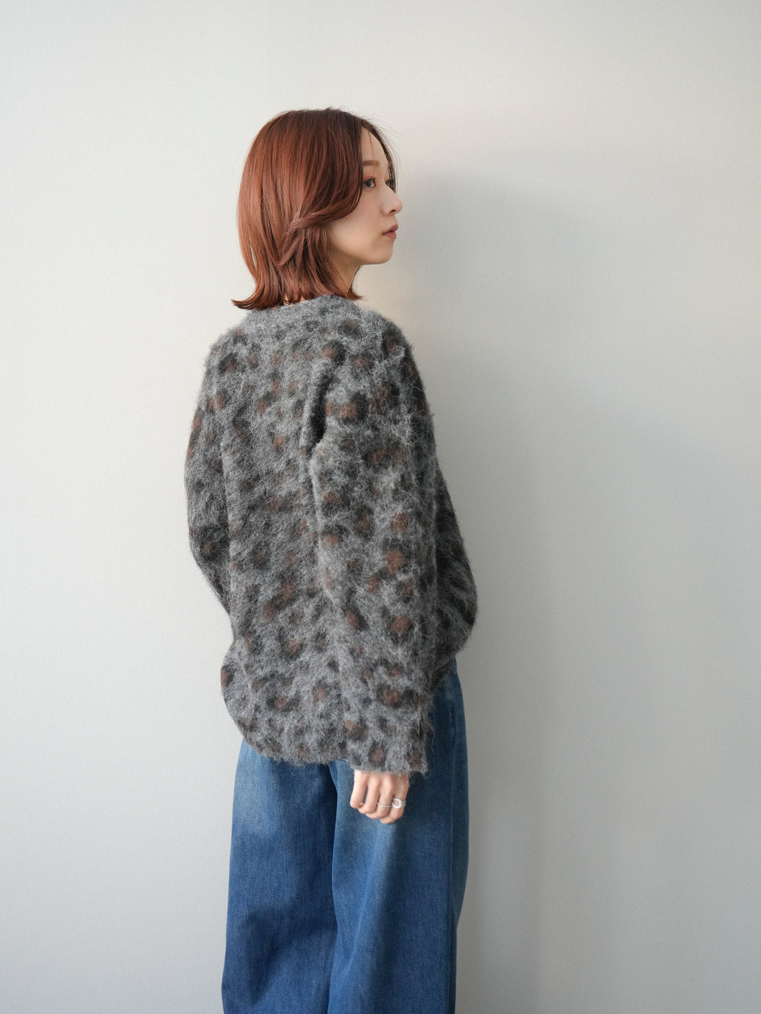 [SET]レオパードシャギーニットプルオーバー+裏起毛裾フリンジワイドデニムパンツ(2set)