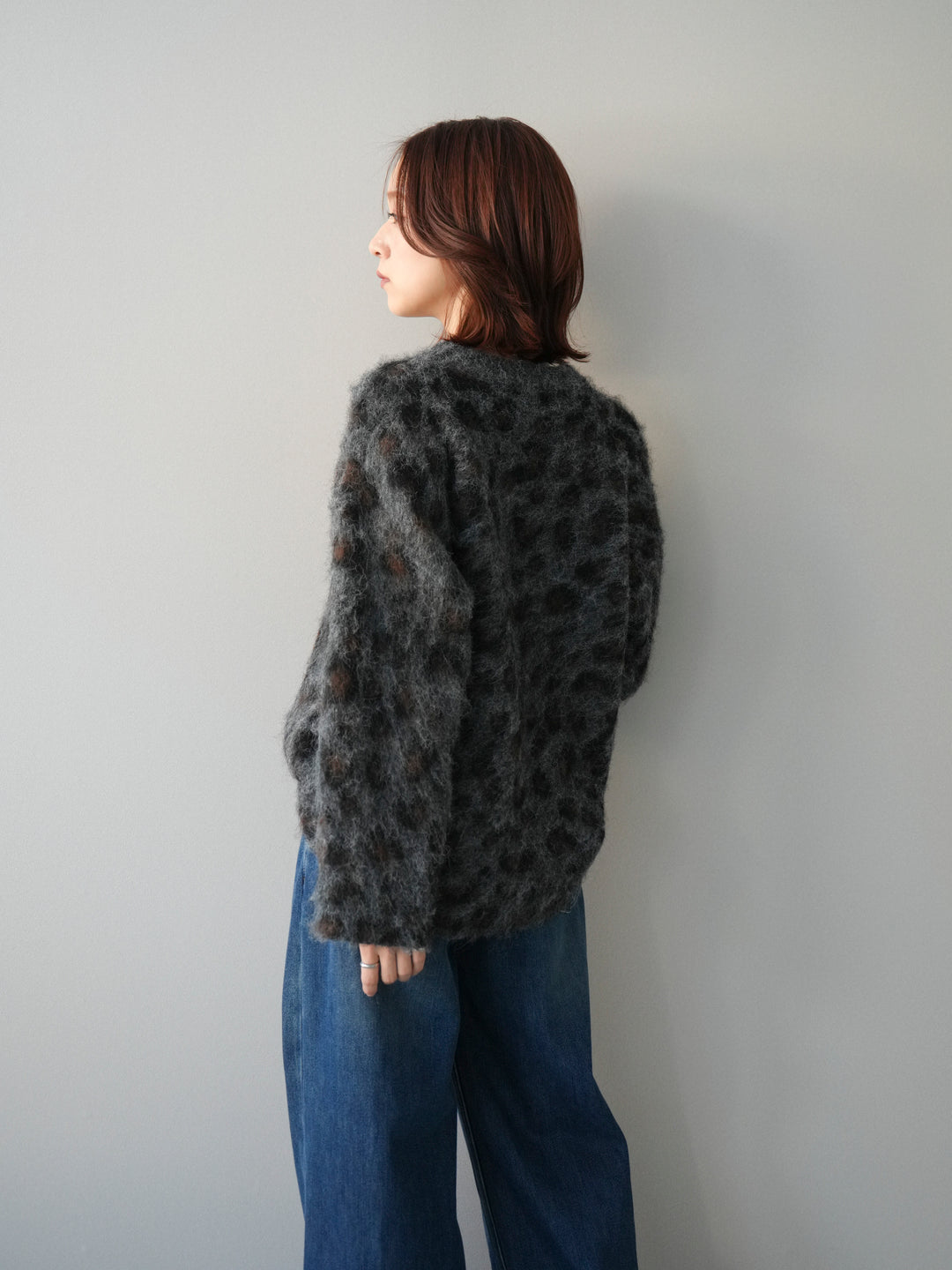 [SET]レオパードシャギーニットプルオーバー+裏起毛裾フリンジワイドデニムパンツ(2set)