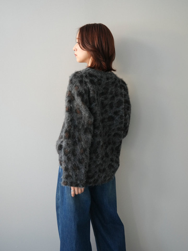 [SET]レオパードシャギーニットプルオーバー+裏起毛裾フリンジワイドデニムパンツ(2set)