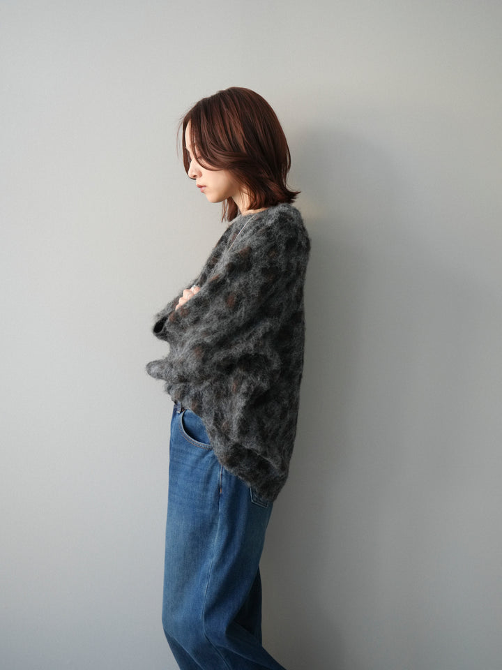 [SET]レオパードシャギーニットプルオーバー+裏起毛裾フリンジワイドデニムパンツ(2set)