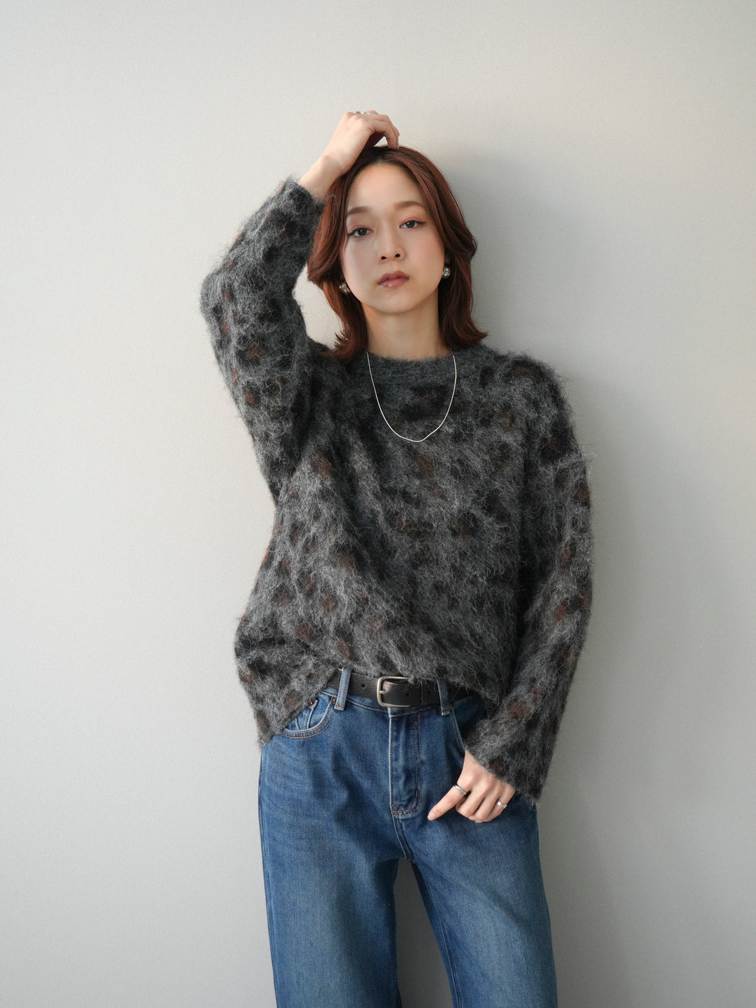 [SET]レオパードシャギーニットプルオーバー+裏起毛裾フリンジワイドデニムパンツ(2set)