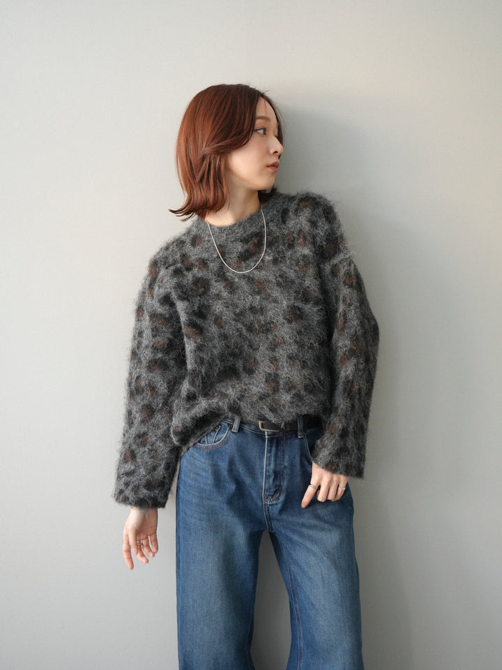 [SET]レオパードシャギーニットプルオーバー+裏起毛裾フリンジワイドデニムパンツ(2set)