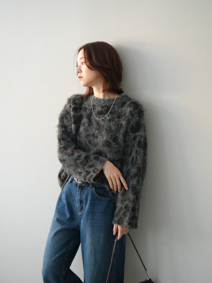 [SET]レオパードシャギーニットプルオーバー+裏起毛裾フリンジワイドデニムパンツ(2set)
