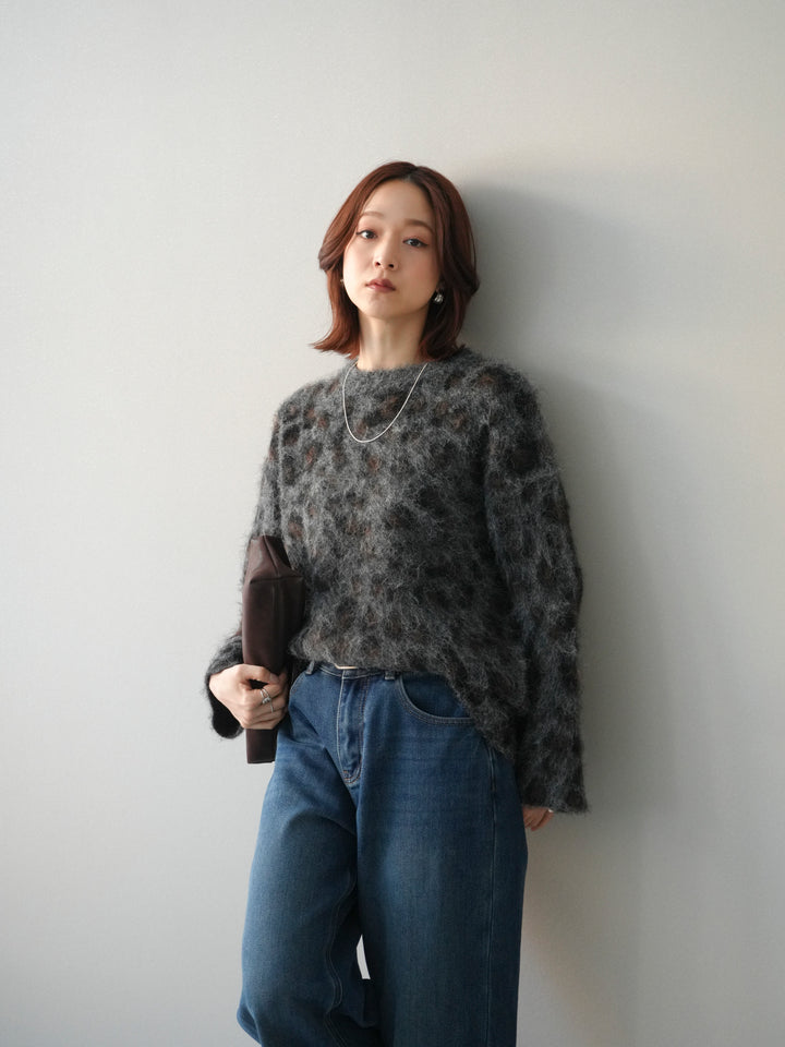 [SET]レオパードシャギーニットプルオーバー+裏起毛裾フリンジワイドデニムパンツ(2set)