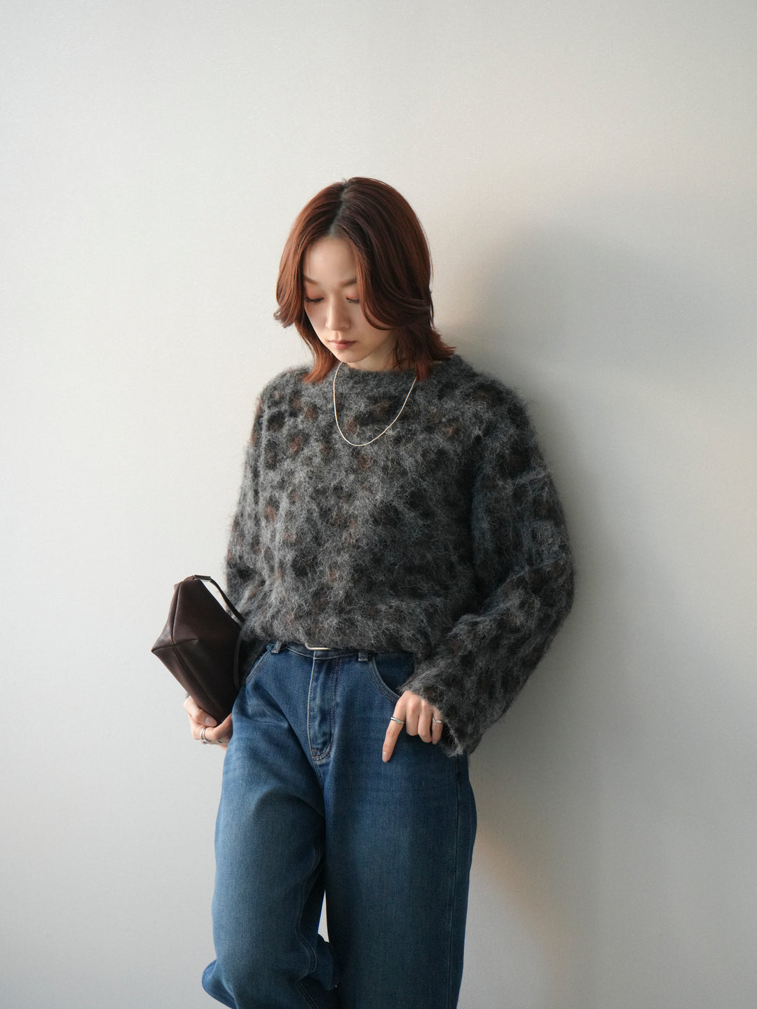 [SET]レオパードシャギーニットプルオーバー+裏起毛裾フリンジワイドデニムパンツ(2set)