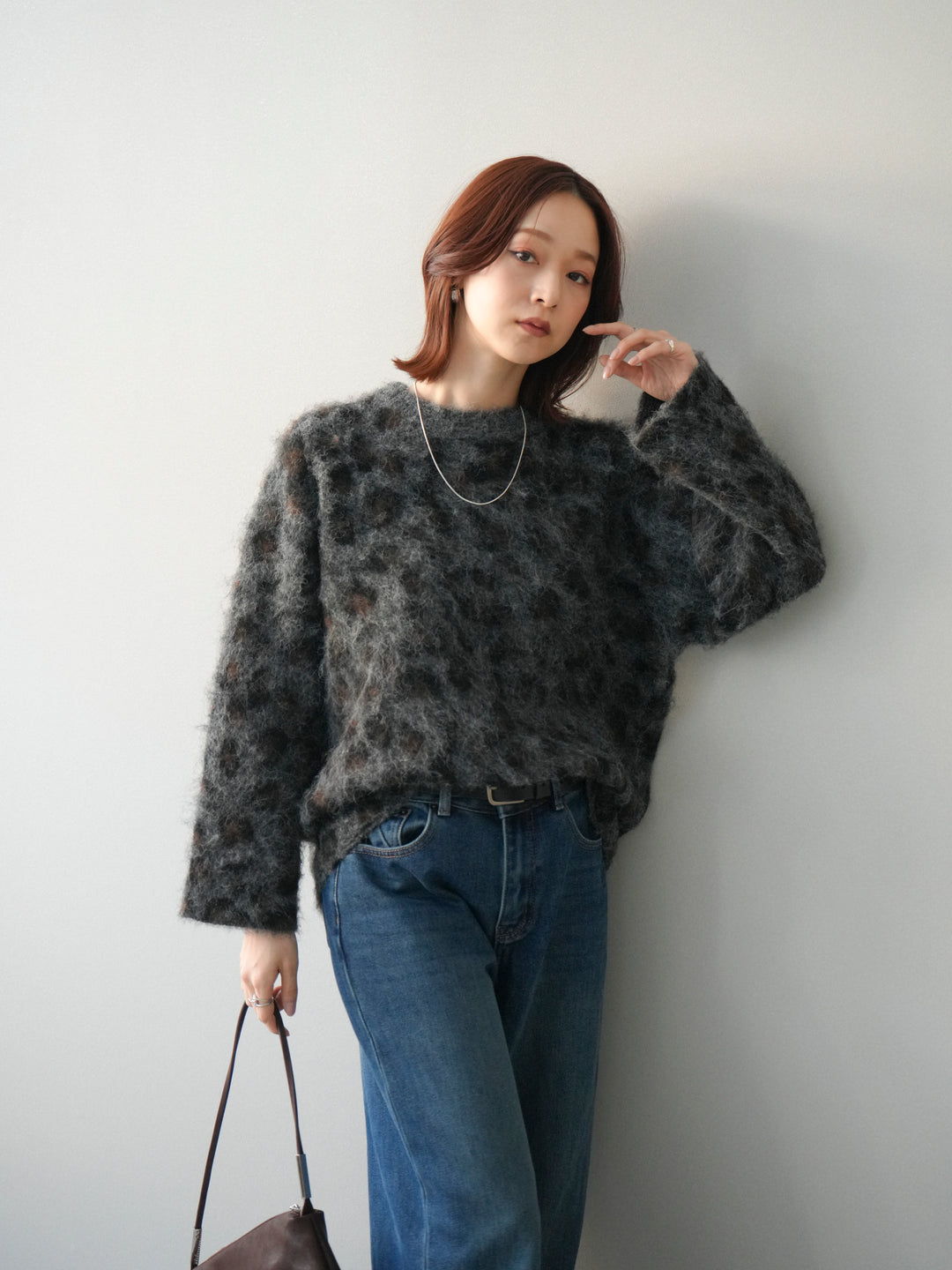 [SET]レオパードシャギーニットプルオーバー+裏起毛裾フリンジワイドデニムパンツ(2set)