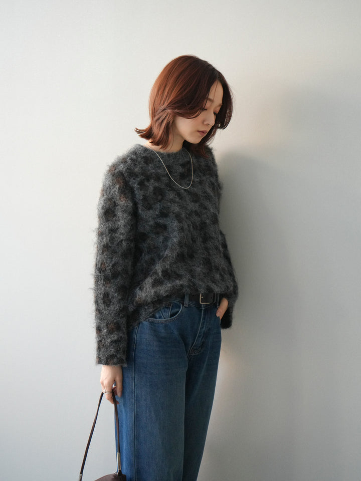 [SET]レオパードシャギーニットプルオーバー+裏起毛裾フリンジワイドデニムパンツ(2set)