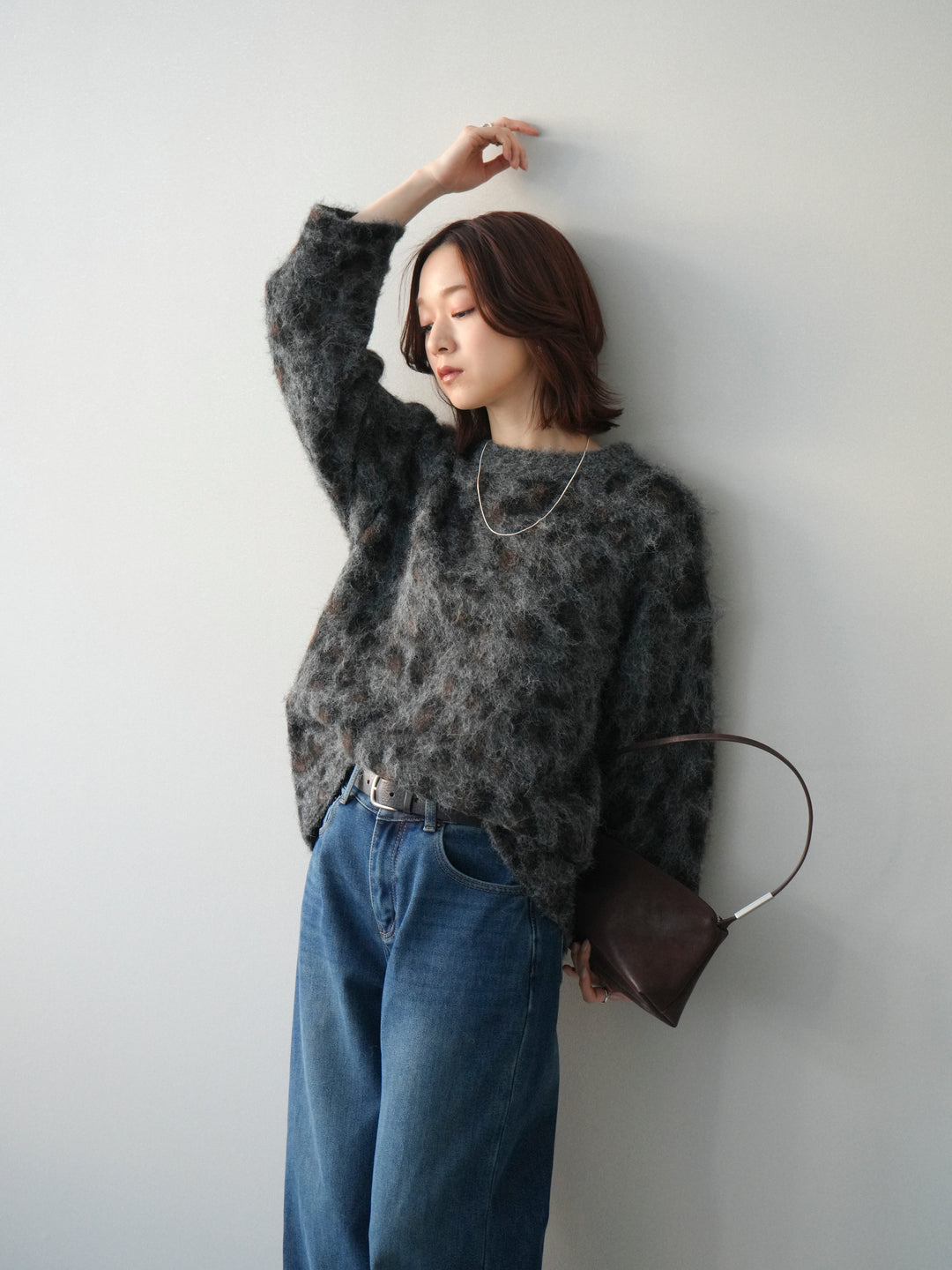 [SET]レオパードシャギーニットプルオーバー+裏起毛裾フリンジワイドデニムパンツ(2set)