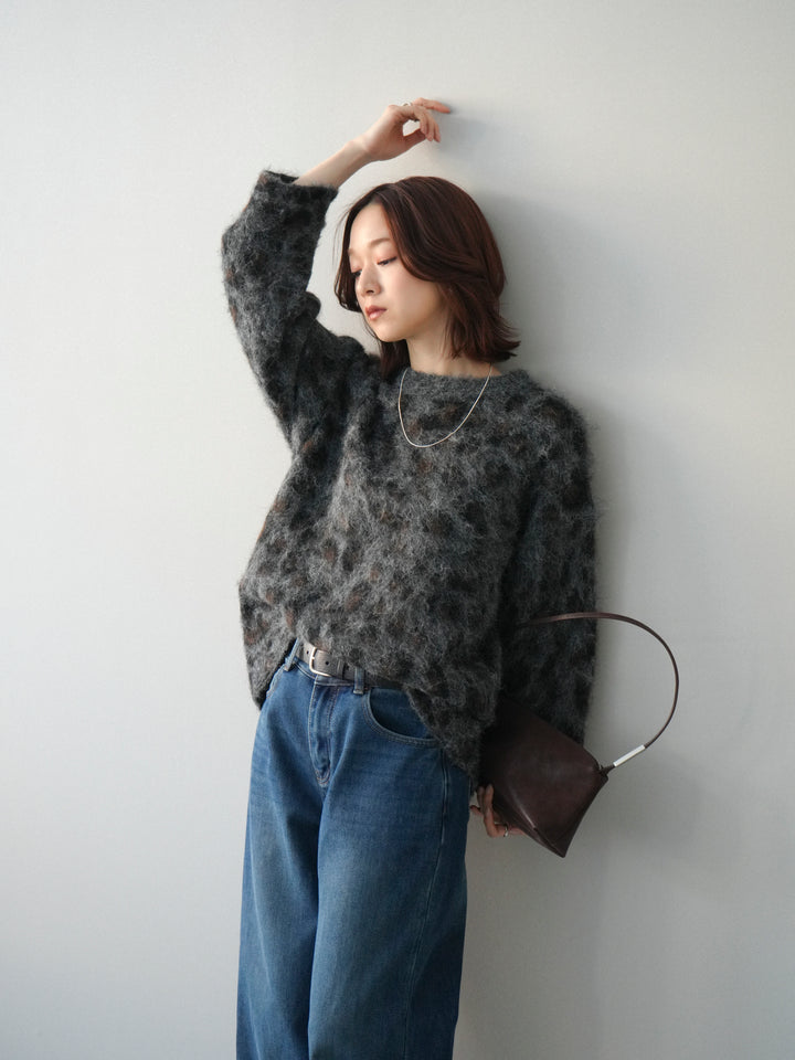 [SET]レオパードシャギーニットプルオーバー+裏起毛裾フリンジワイドデニムパンツ(2set)