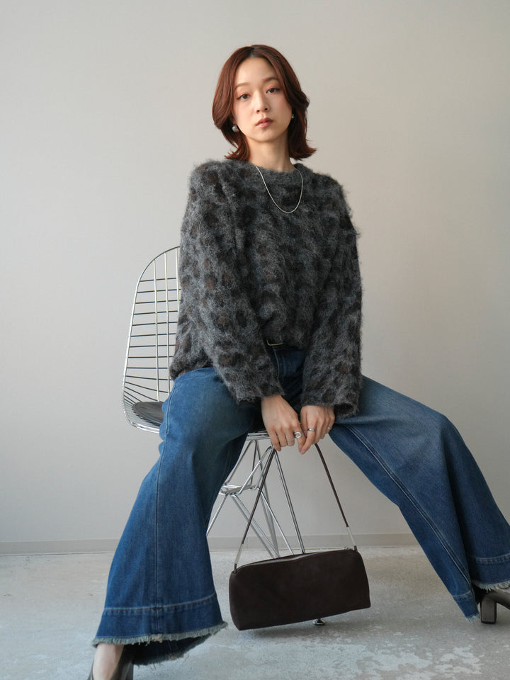 [SET]レオパードシャギーニットプルオーバー+裏起毛裾フリンジワイドデニムパンツ(2set)