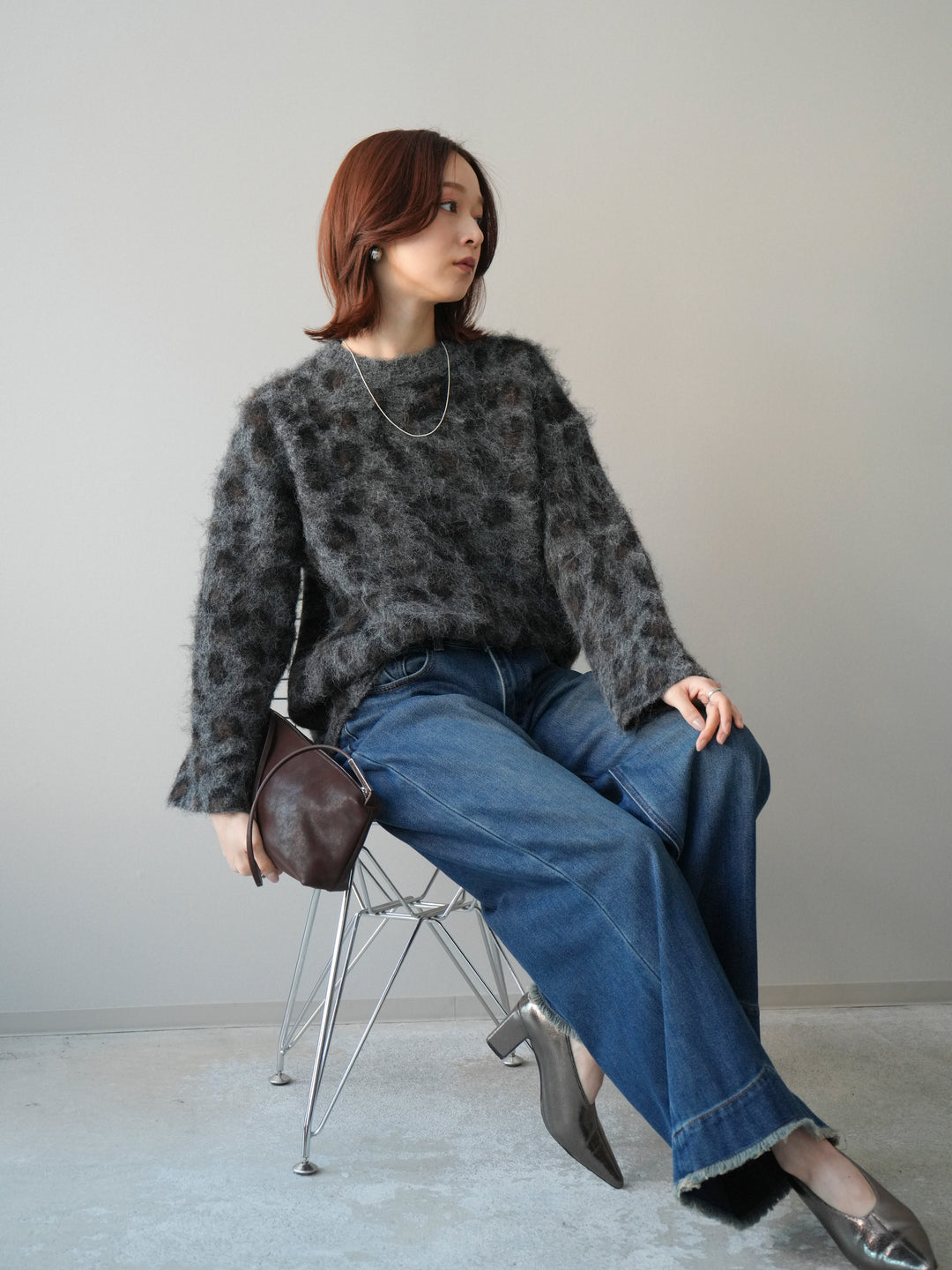 [SET]レオパードシャギーニットプルオーバー+裏起毛裾フリンジワイドデニムパンツ(2set)