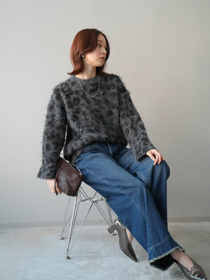 [SET]レオパードシャギーニットプルオーバー+裏起毛裾フリンジワイドデニムパンツ(2set)