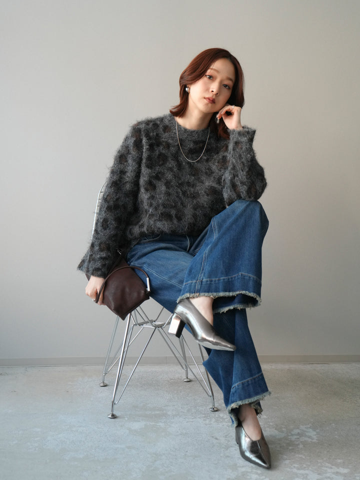 [SET]レオパードシャギーニットプルオーバー+裏起毛裾フリンジワイドデニムパンツ(2set)