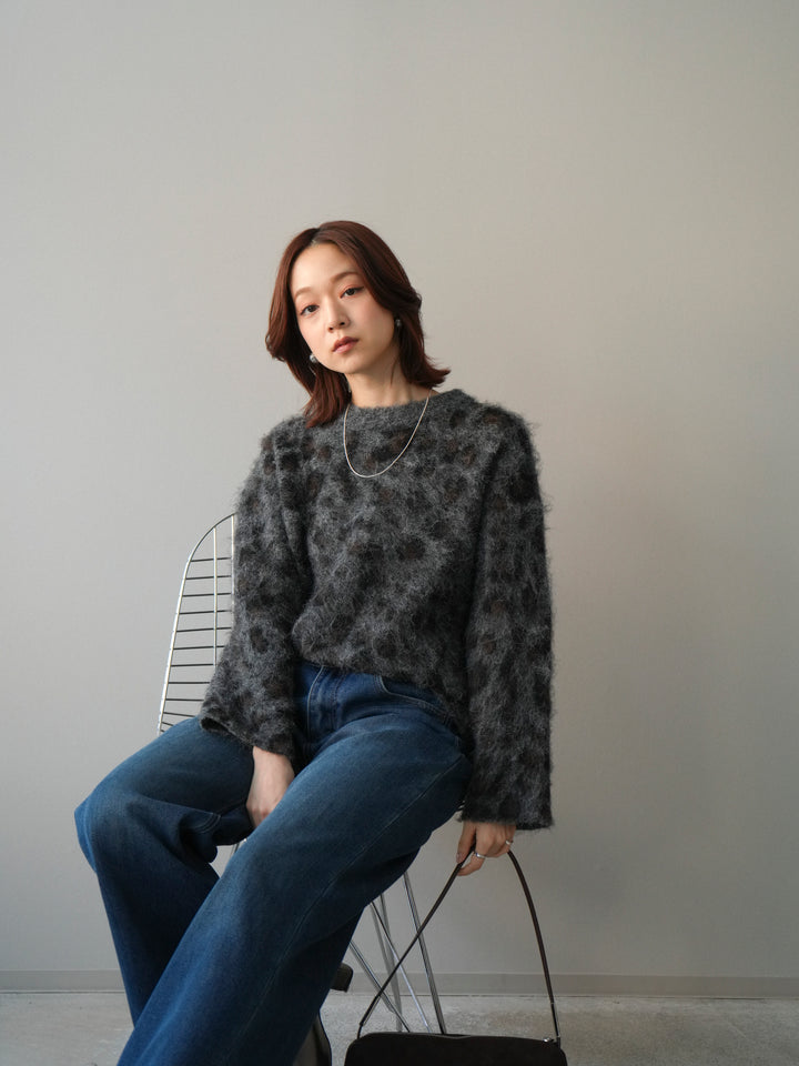 [SET]レオパードシャギーニットプルオーバー+裏起毛裾フリンジワイドデニムパンツ(2set)