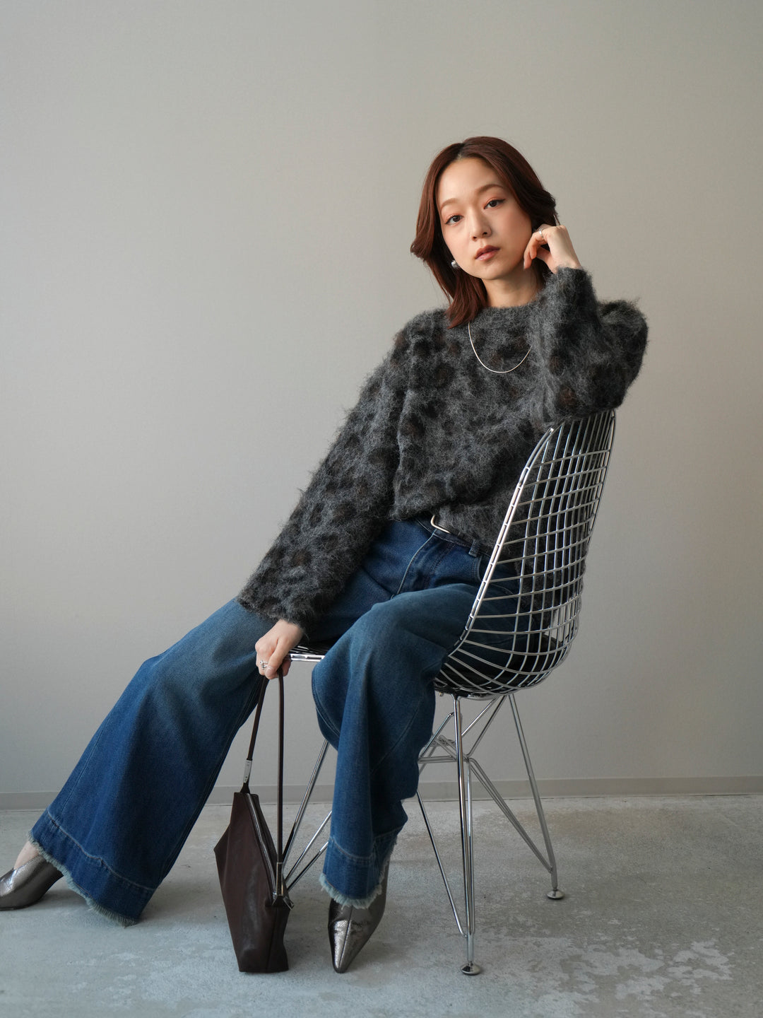 [SET]レオパードシャギーニットプルオーバー+裏起毛裾フリンジワイドデニムパンツ(2set)