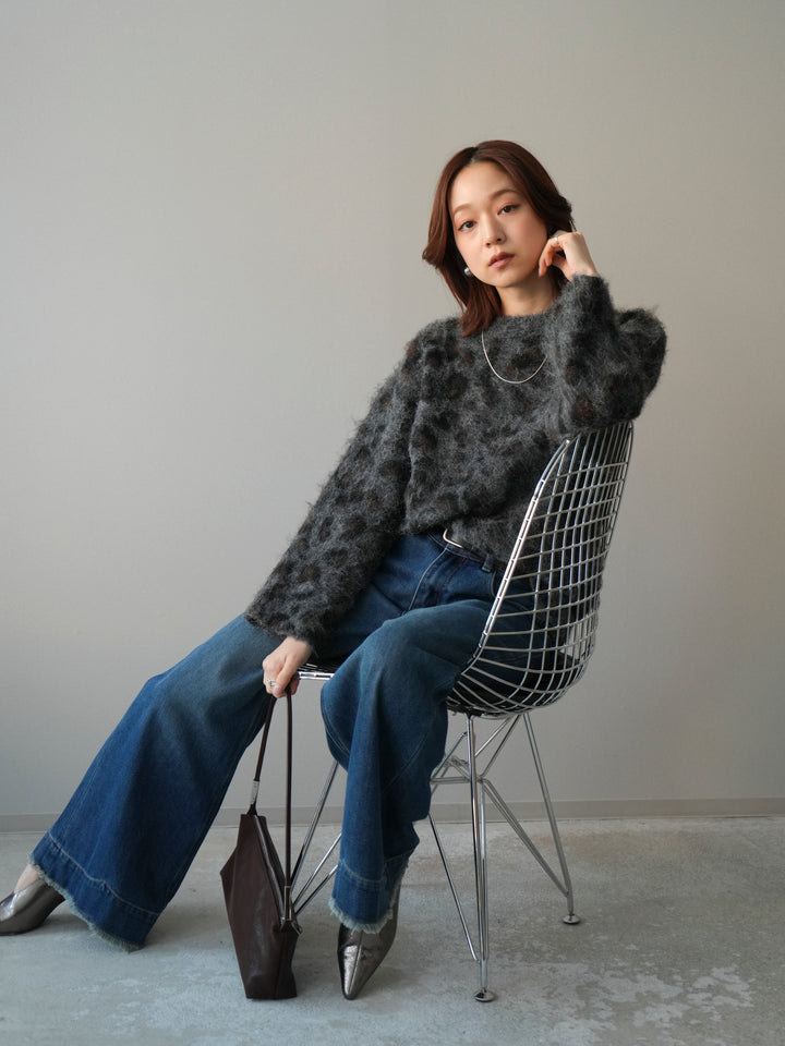[SET]レオパードシャギーニットプルオーバー+裏起毛裾フリンジワイドデニムパンツ(2set)