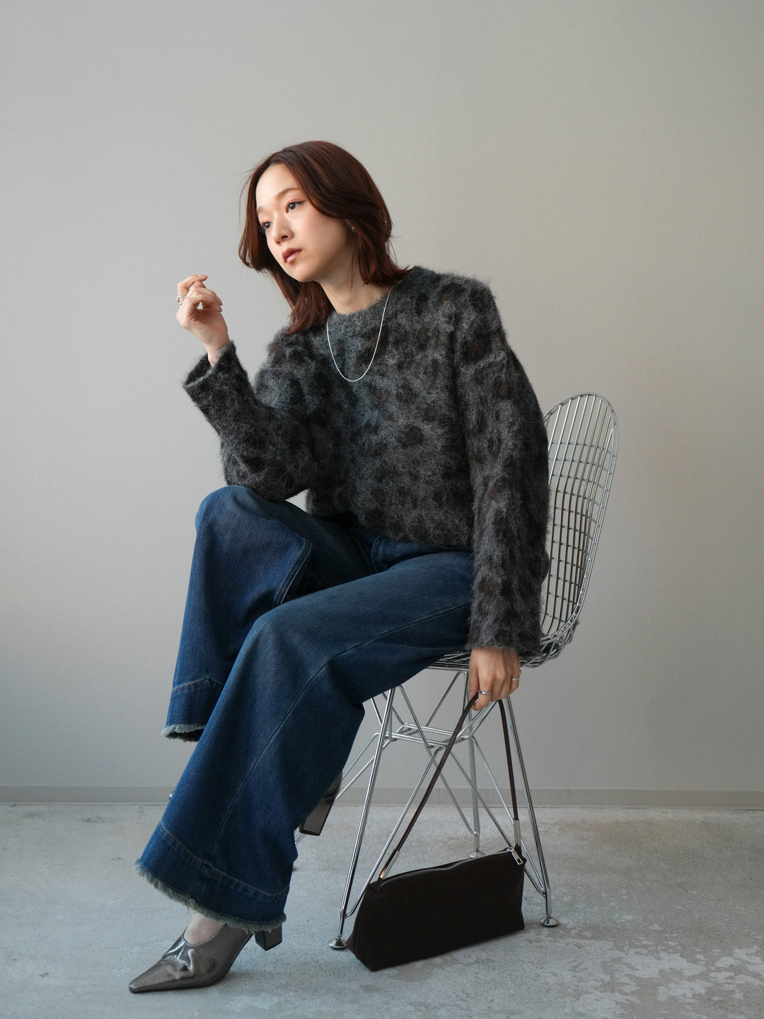 [SET]レオパードシャギーニットプルオーバー+裏起毛裾フリンジワイドデニムパンツ(2set)