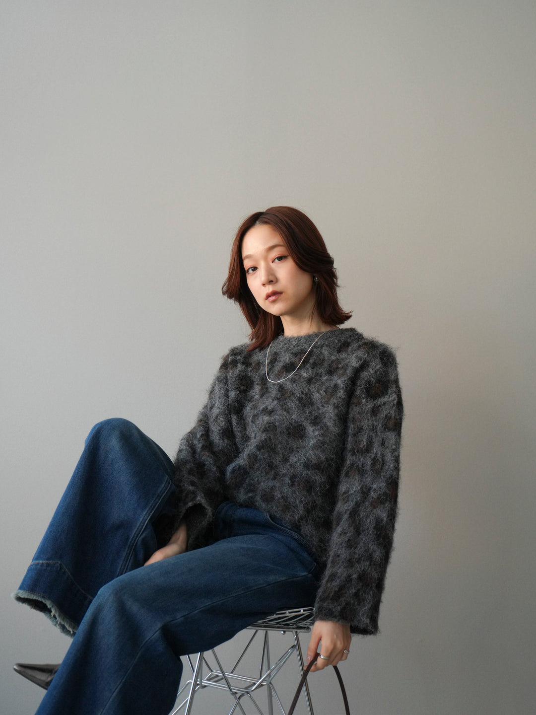 [SET]レオパードシャギーニットプルオーバー+裏起毛裾フリンジワイドデニムパンツ(2set)